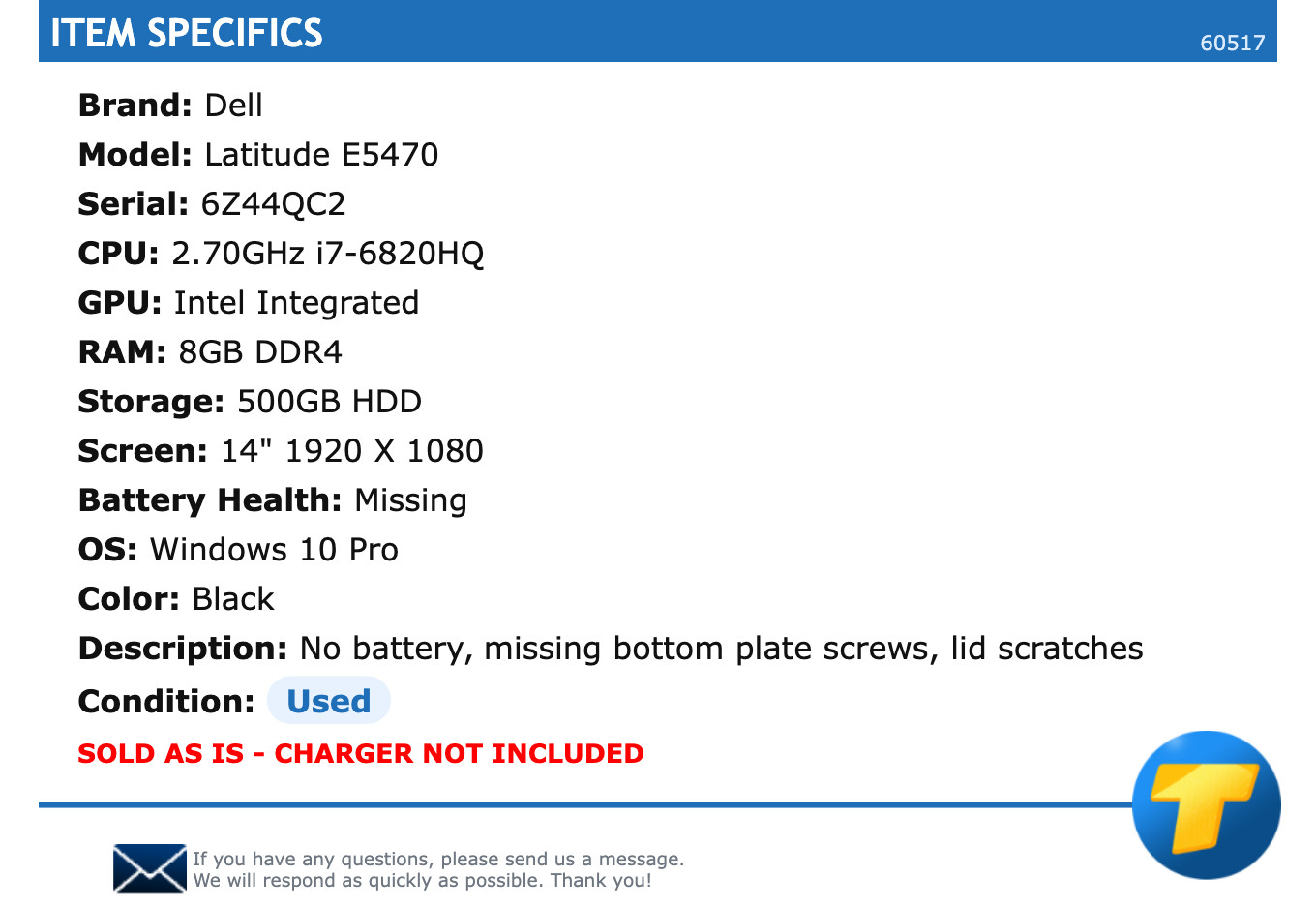 Dell Latitude E5470 – 14″ FHD, 2.70GHz i7, 8GB RAM, 500GB HDD, Windows 10 Pro