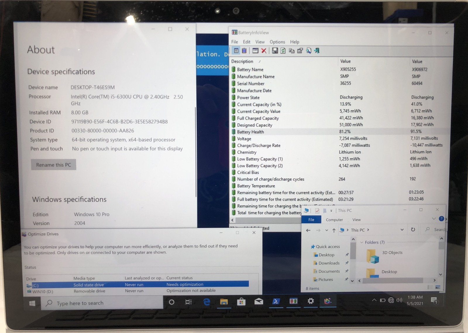 Surface Book 1, Intel Core i5-6300U @2.40 GHz, 8GB RAM 120GB SSD, Windows 10