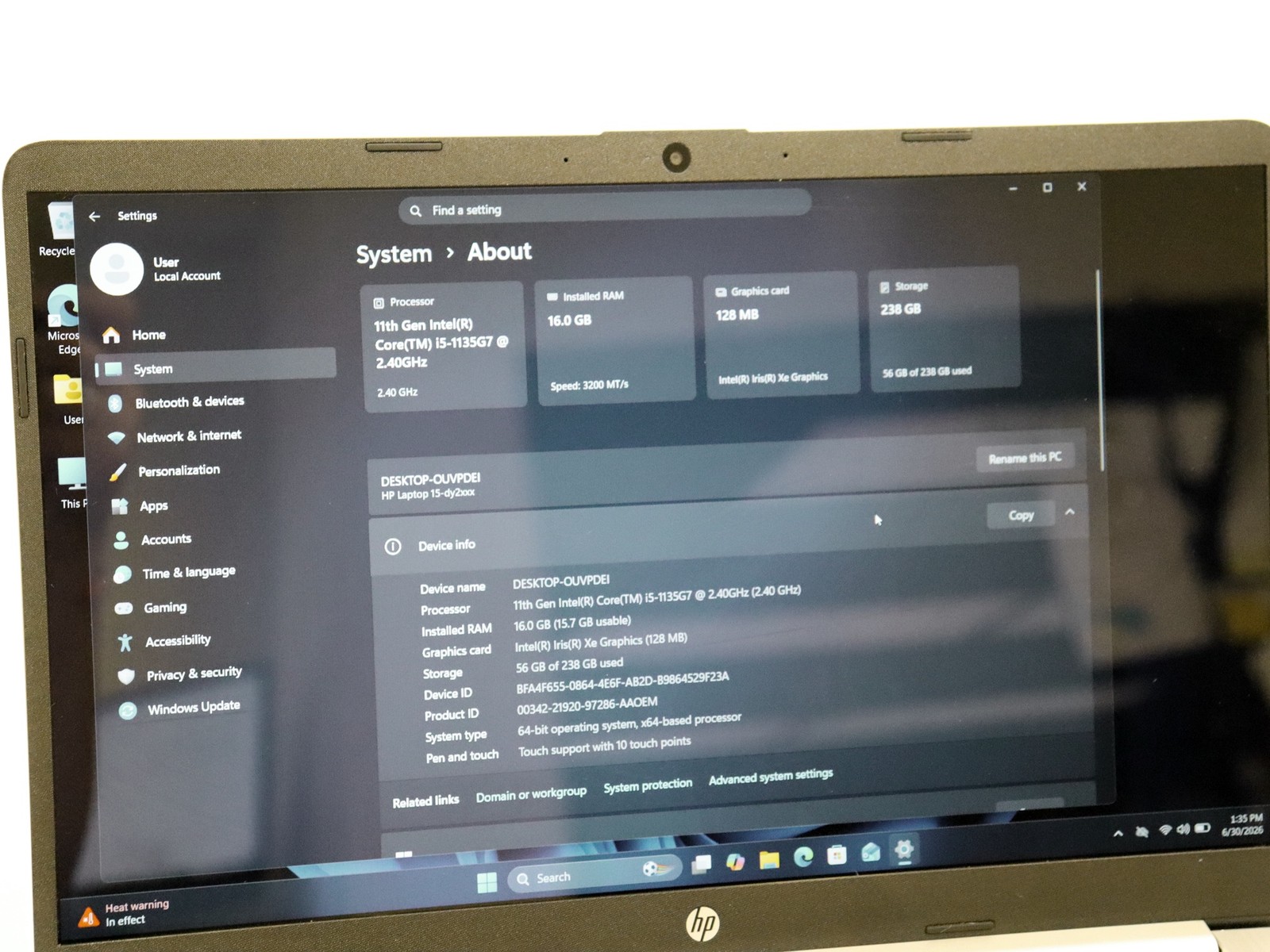 HP Laptop 15-dy2067ms 15.6″ Touch Core i5-1135G7 16GB 256GB NVMe Win 11 Home
