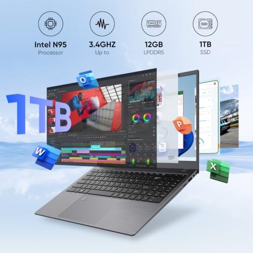 Laptop, 12GB LPDDR5 RAM 1TB SSD, Quad-Core N95 Processor Up to 3.4GHz, Gray
