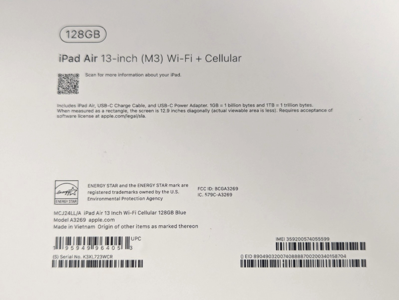 Apple iPad Air 13″ M3 128GB (Blue) MCJ24LL/A Wi-Fi ONLY!