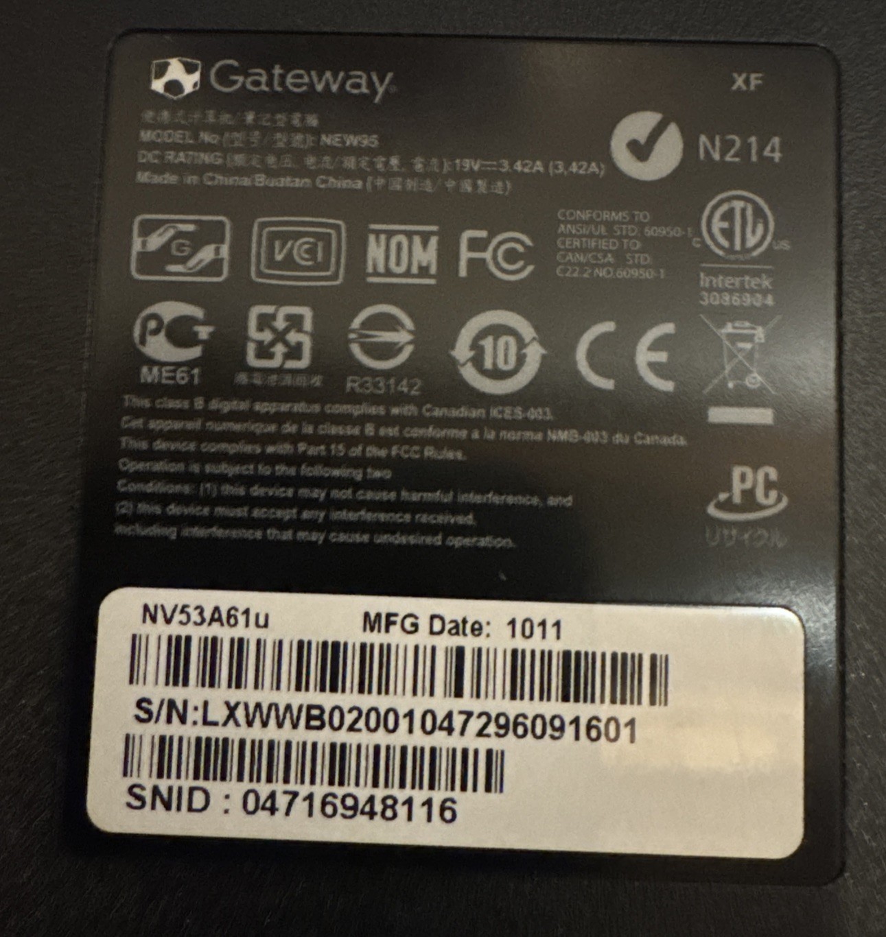 Gateway NV53 15″ Laptop Parts Or Repair