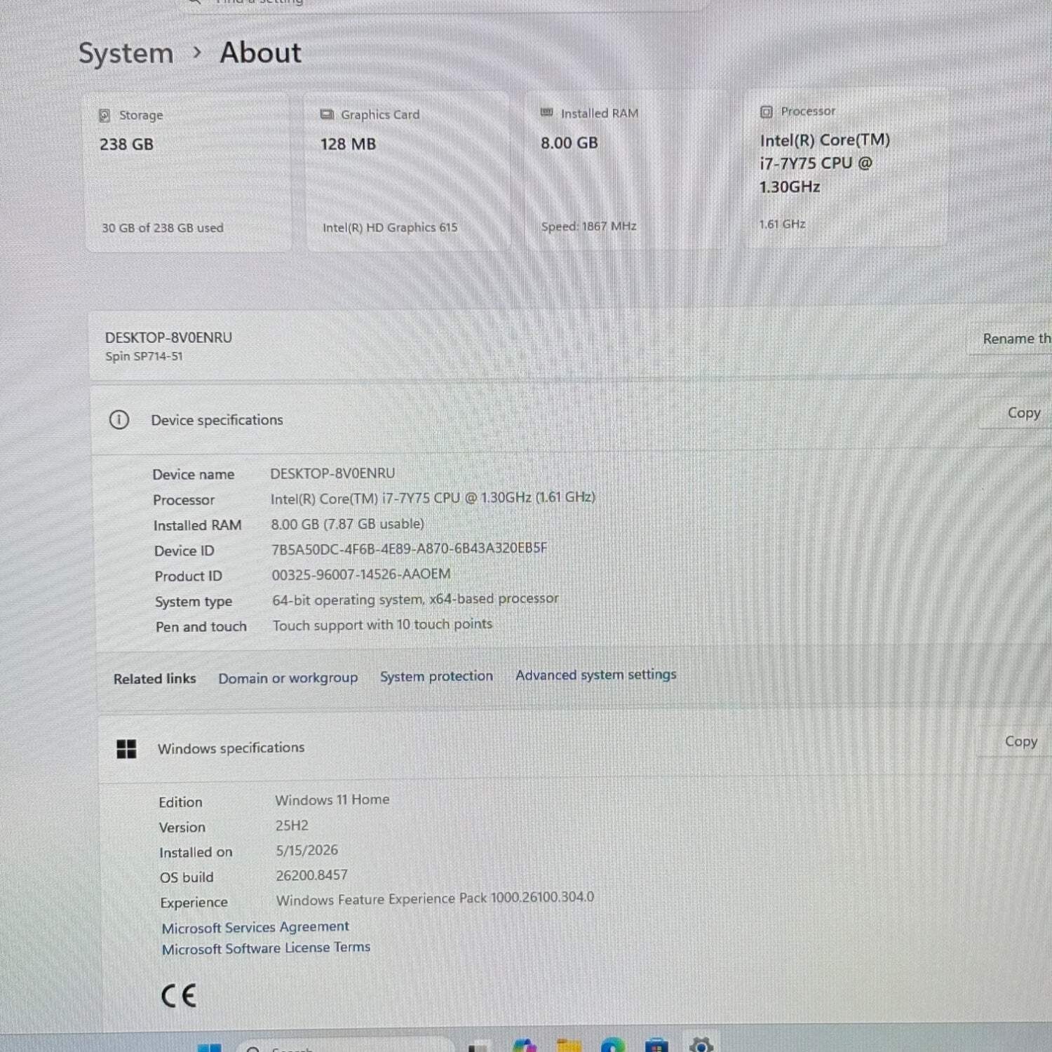 Broken Acer Spin 7 SP714-51 14″ i7-7Y75 1.3GHz 8GB RAM 256GB SSD – Read