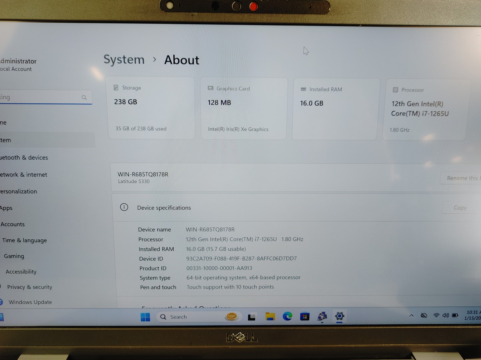 Dell Latitude 5330 Core i7-1265U 1.80 GHz 16 GB DDR4 256 GB NVMe Windows 11 Pro