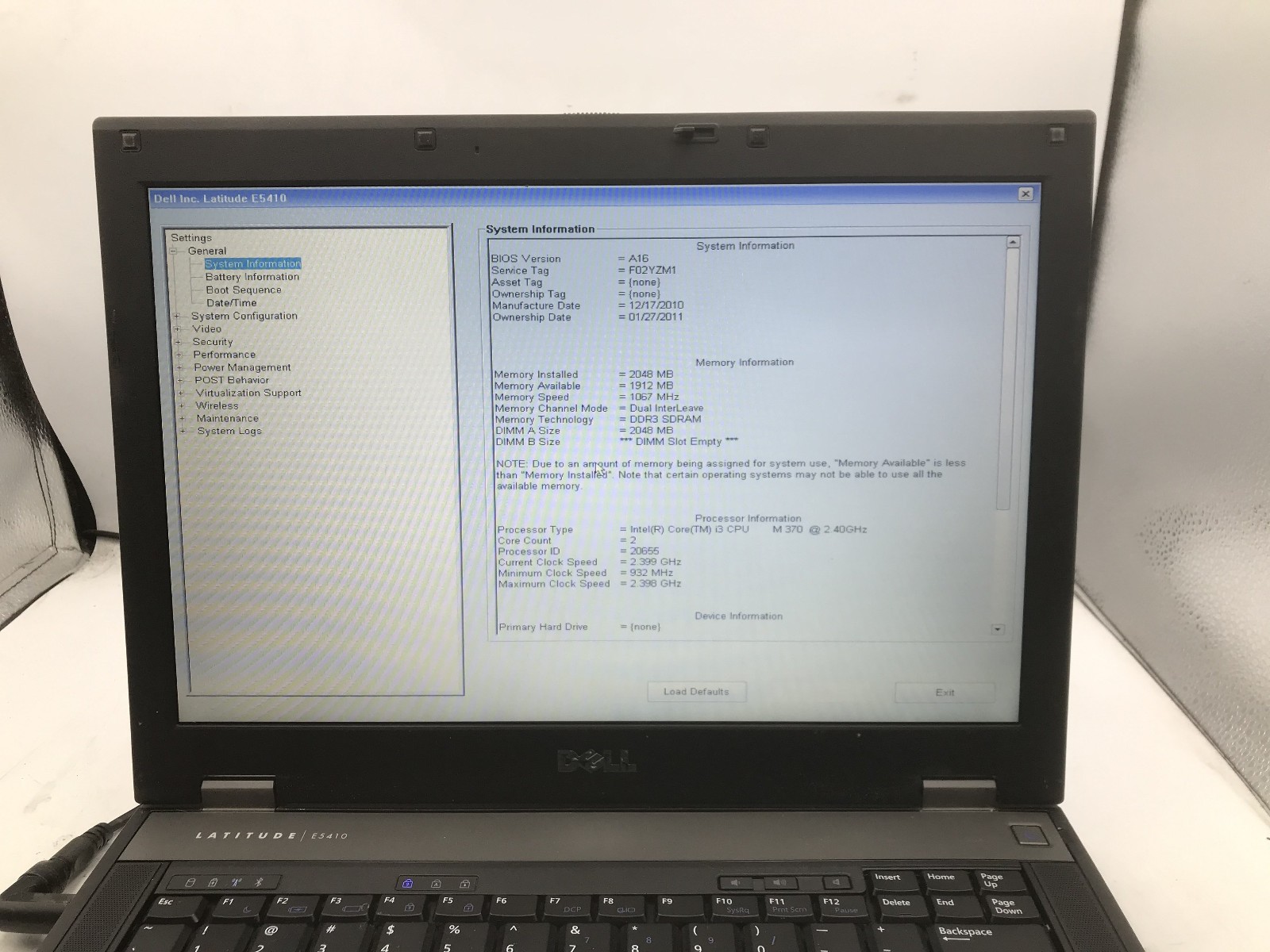 DELL LATITUDE E5410 – BOOTS TO BIOS – INTEL I3 M370 – NO RAM – READ DESCRIP – BB