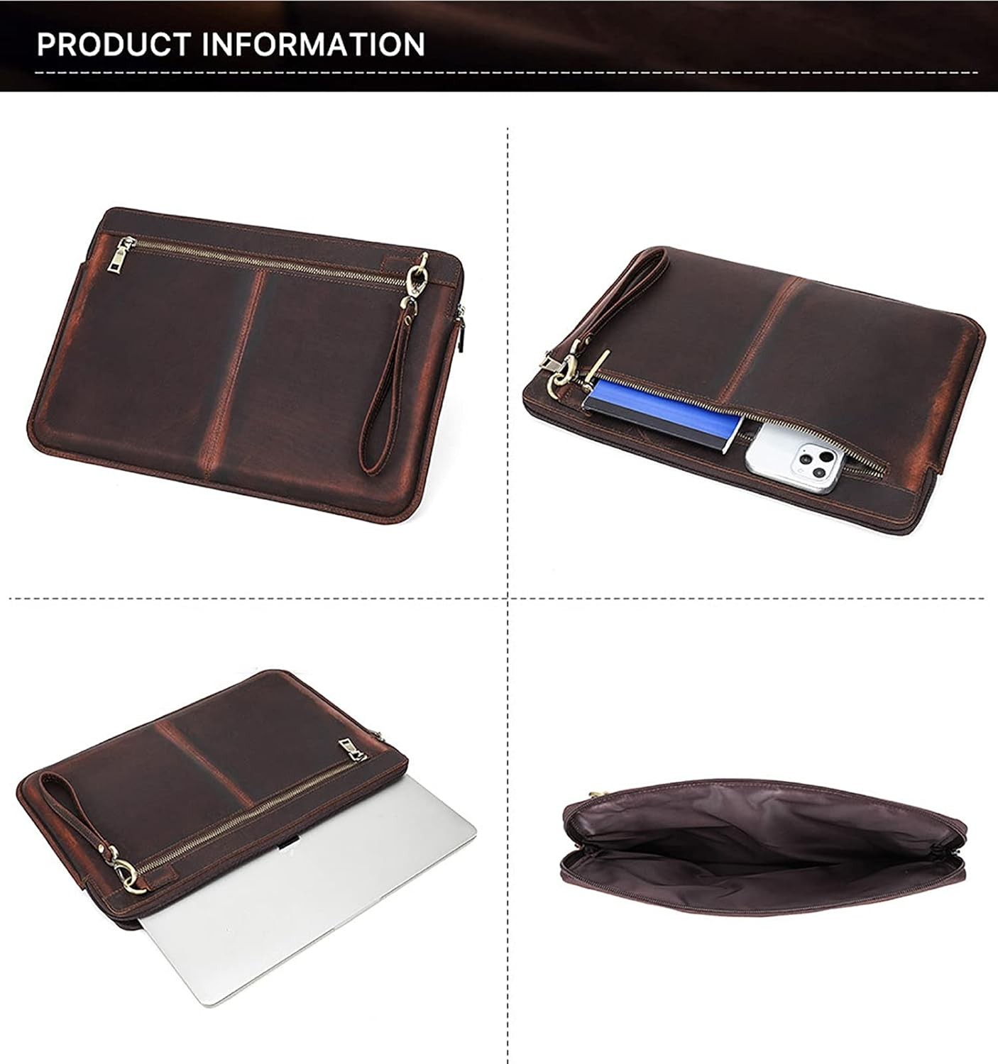 Top Grain Leather 15.4″ Slim Laptop Sleeve Case Bag, Vintage Design with 2 Zip P