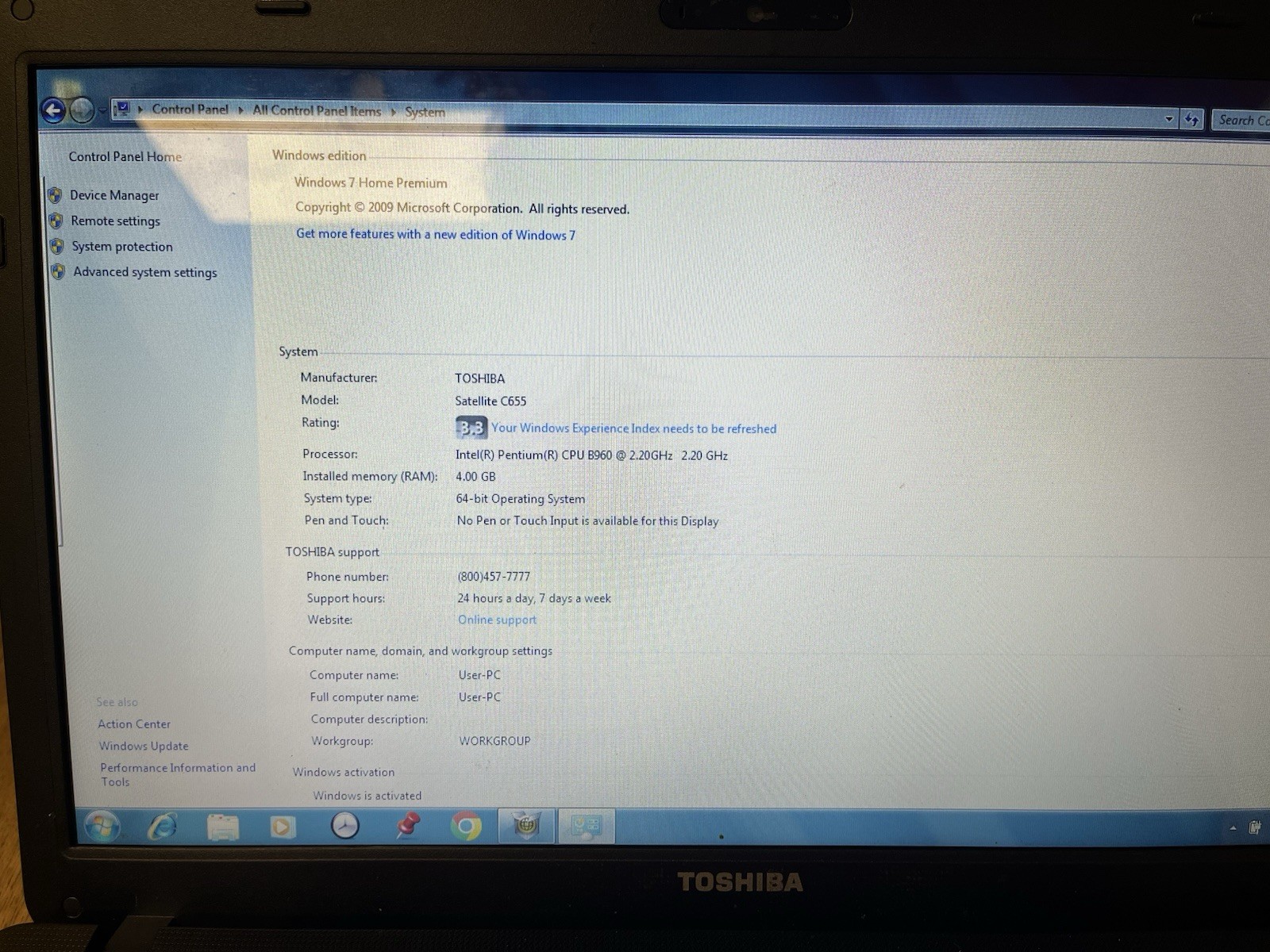 #120 Toshiba C655 Intel PENTIUM B960@ 2.2ghz 4GB RAM 160gb HDD WINDOWS 7 HOME