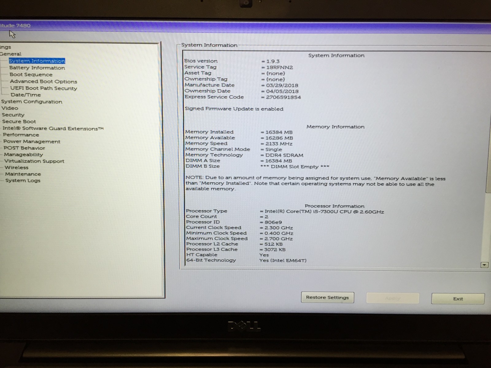 Dell Latitude 7480 14″ FHD Intel Core i5-7300U 1x16GB DDR4- NO SSD/AC/Battery