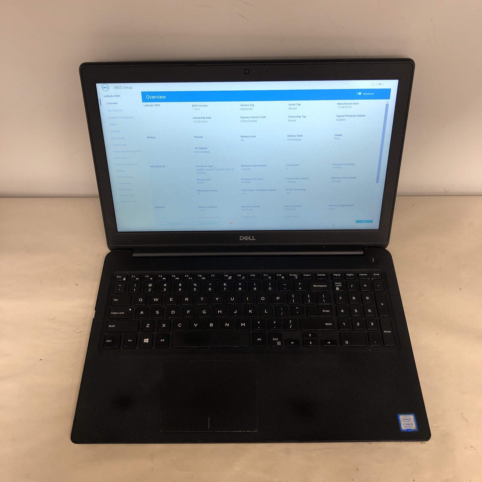Dell Latitude 3500 i5-8265U 16GB RAM NO SSD | Boot To Bios