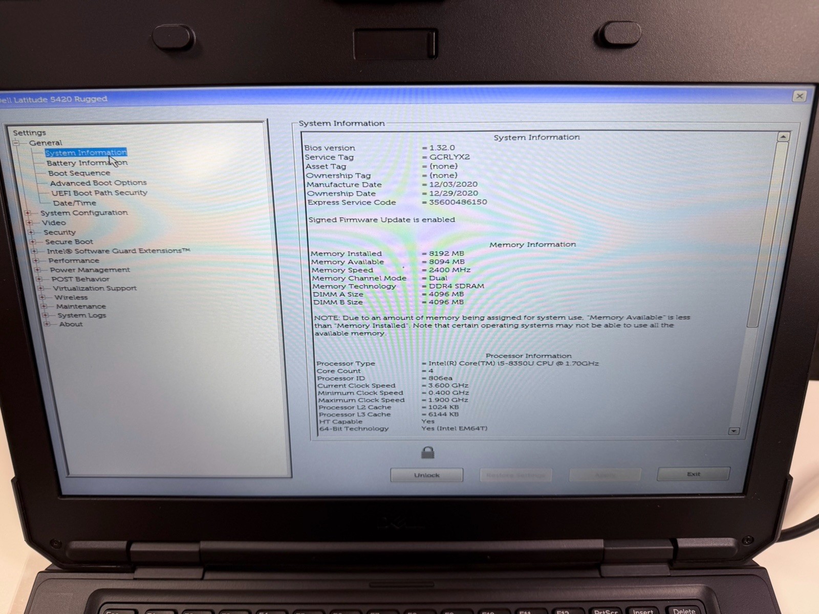 Dell Latitude 5420 Rugged 14″ Core i5-8350U 8GB RAM 128GB NVMe Windows11 (READ)