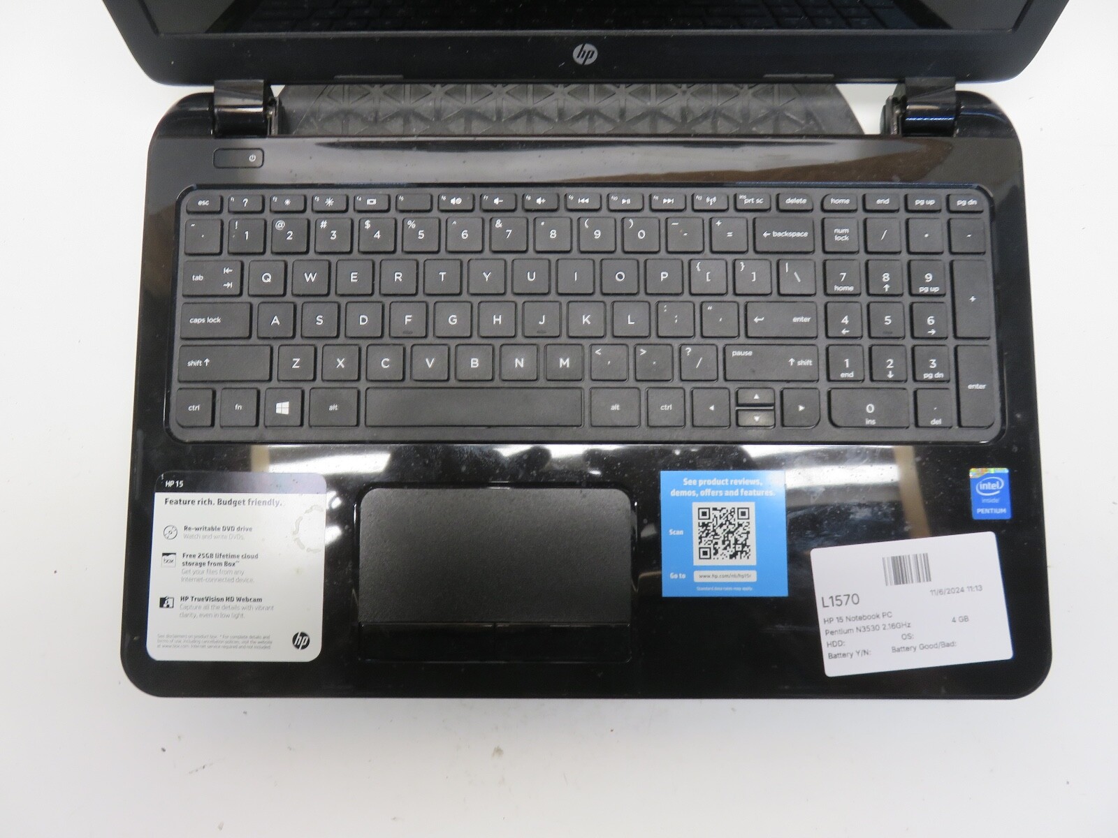 HP 15 Notebook PC Pentium N3530 2.16GHz 4 GB NO HDD No Batt