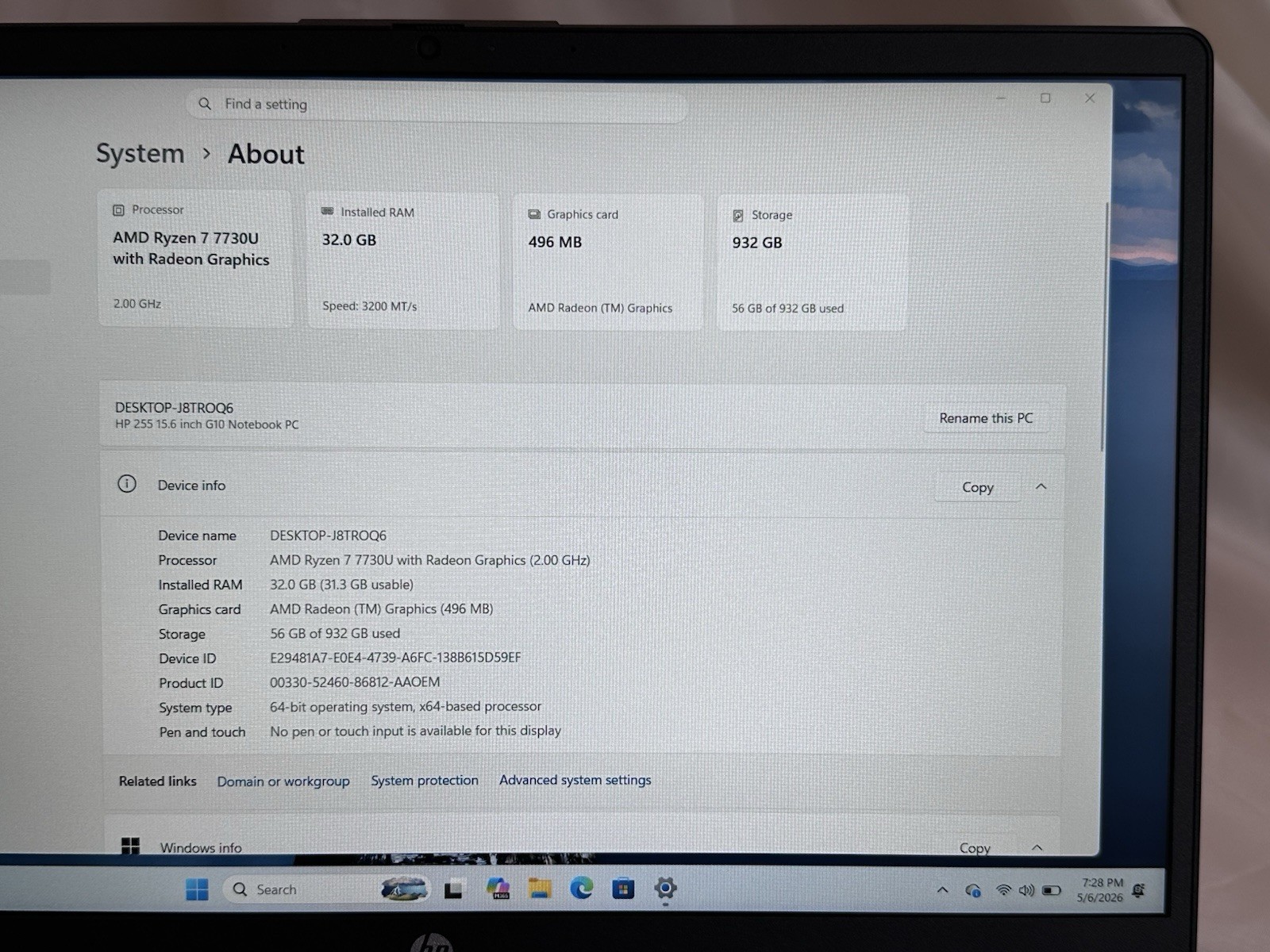 HP 255 G10 Ryzen 7 7730U 32GB 1TB SSD Windows 11 Pro – Warranty thru Nov 2026