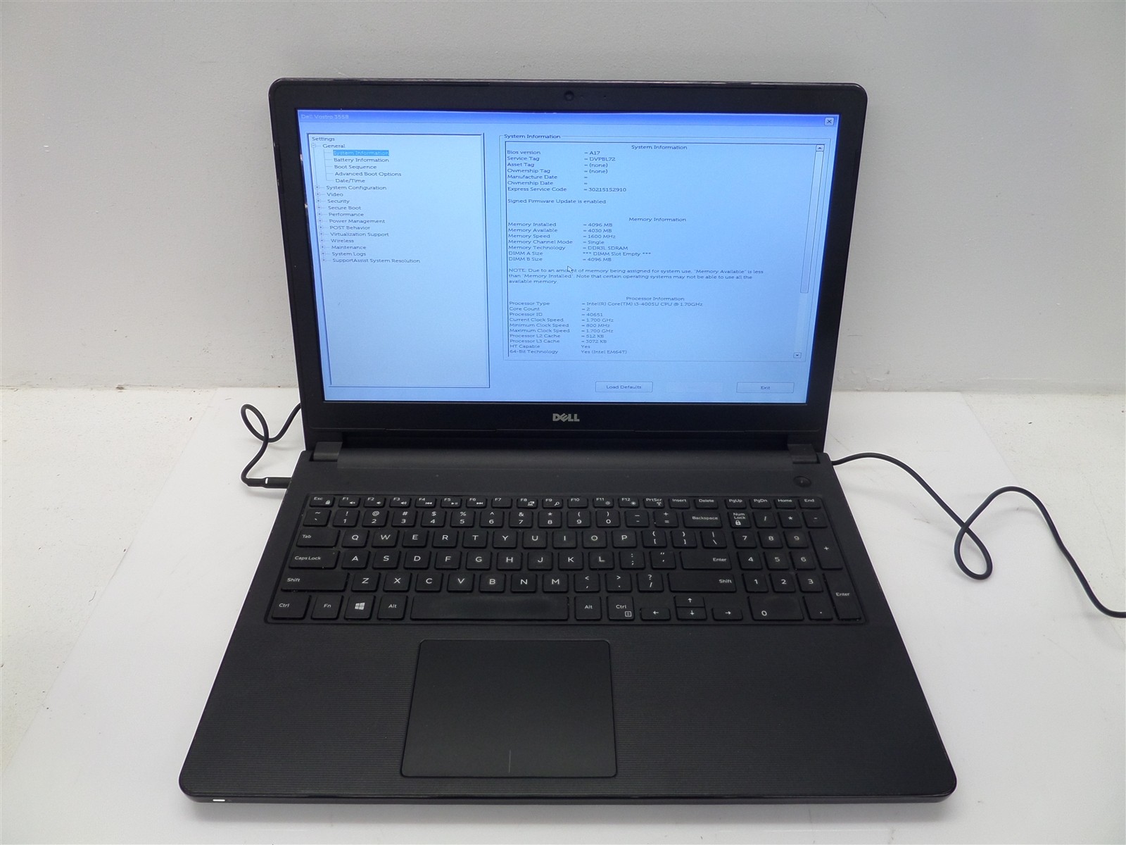 Dell Vostro 3558 15″ Laptop w/ i3-4005U 1.7GHz CPU 4GB RAM – No HDD/OS