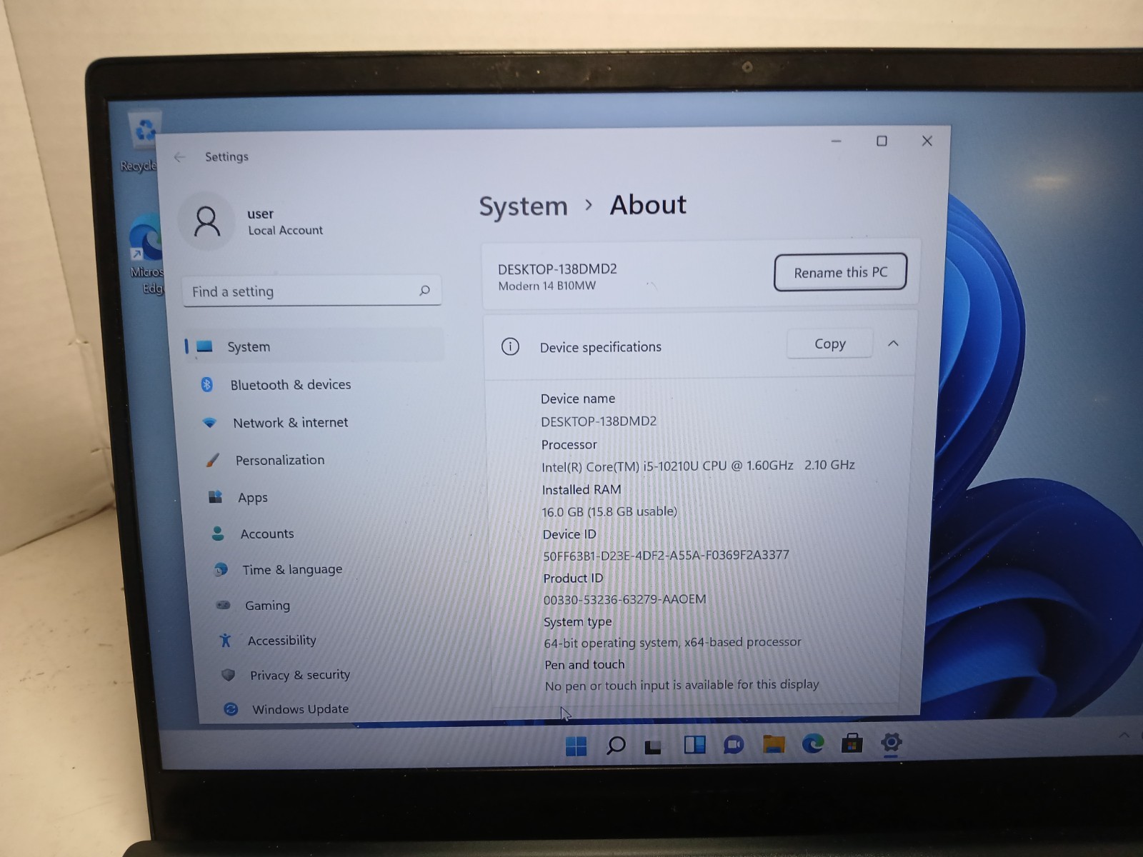 MSI Modern 14 B10MW i5-10210U 16GB RAM 256GB SSD Win11 #97