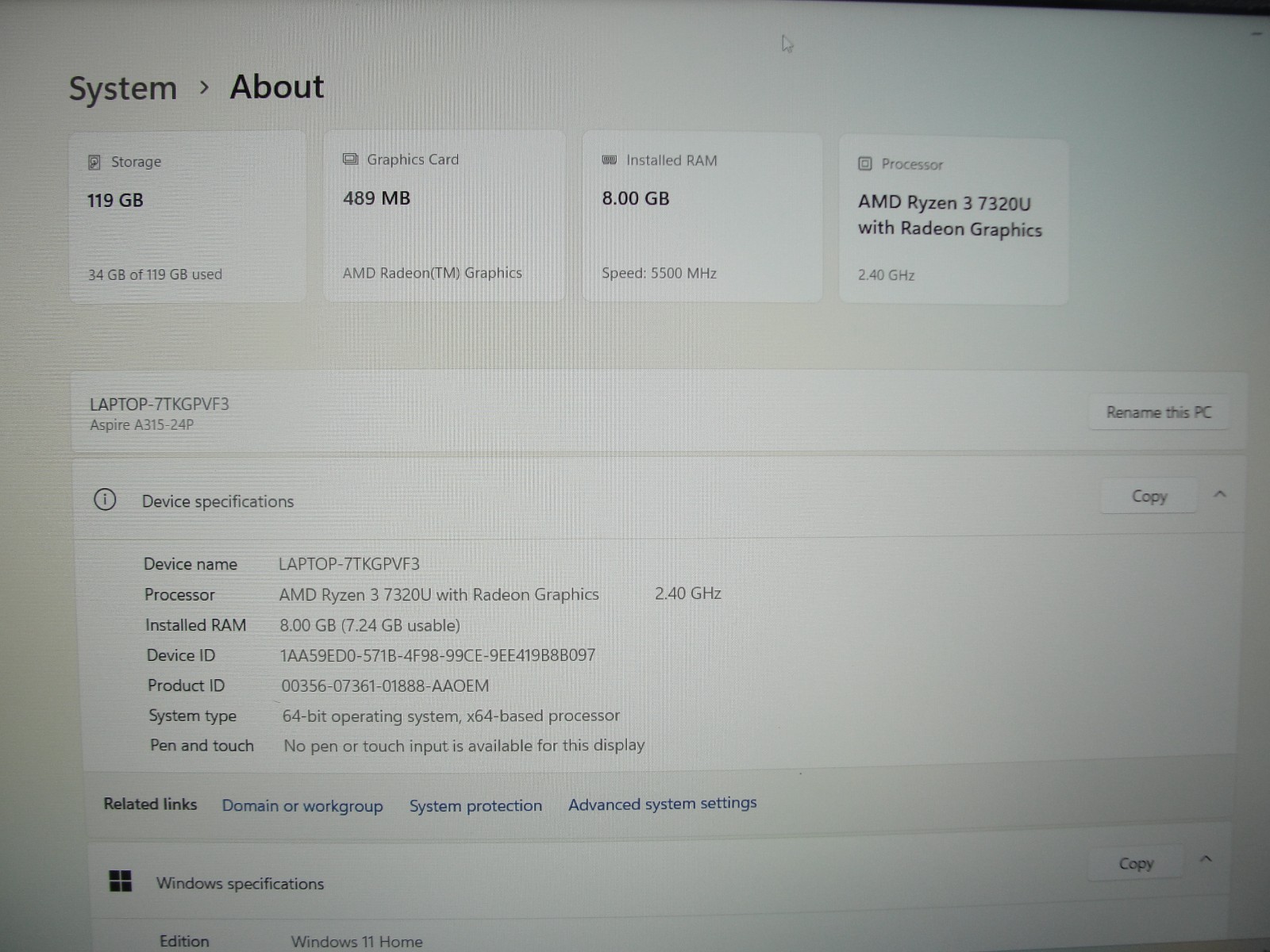 Acer Aspire 3 A315-24P 15.6” FHD Ryzen 3 7320U 8GB 128GB SSD Win11 Home