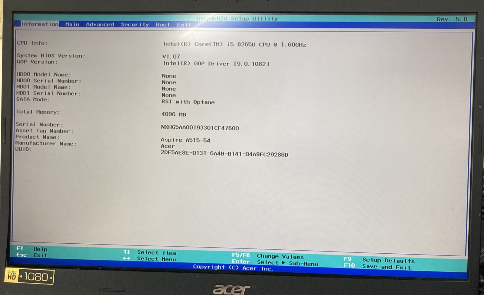 Acer Aspire 5 i5-8265U 1.60GHz no RAM no HDD Boot to BIOS