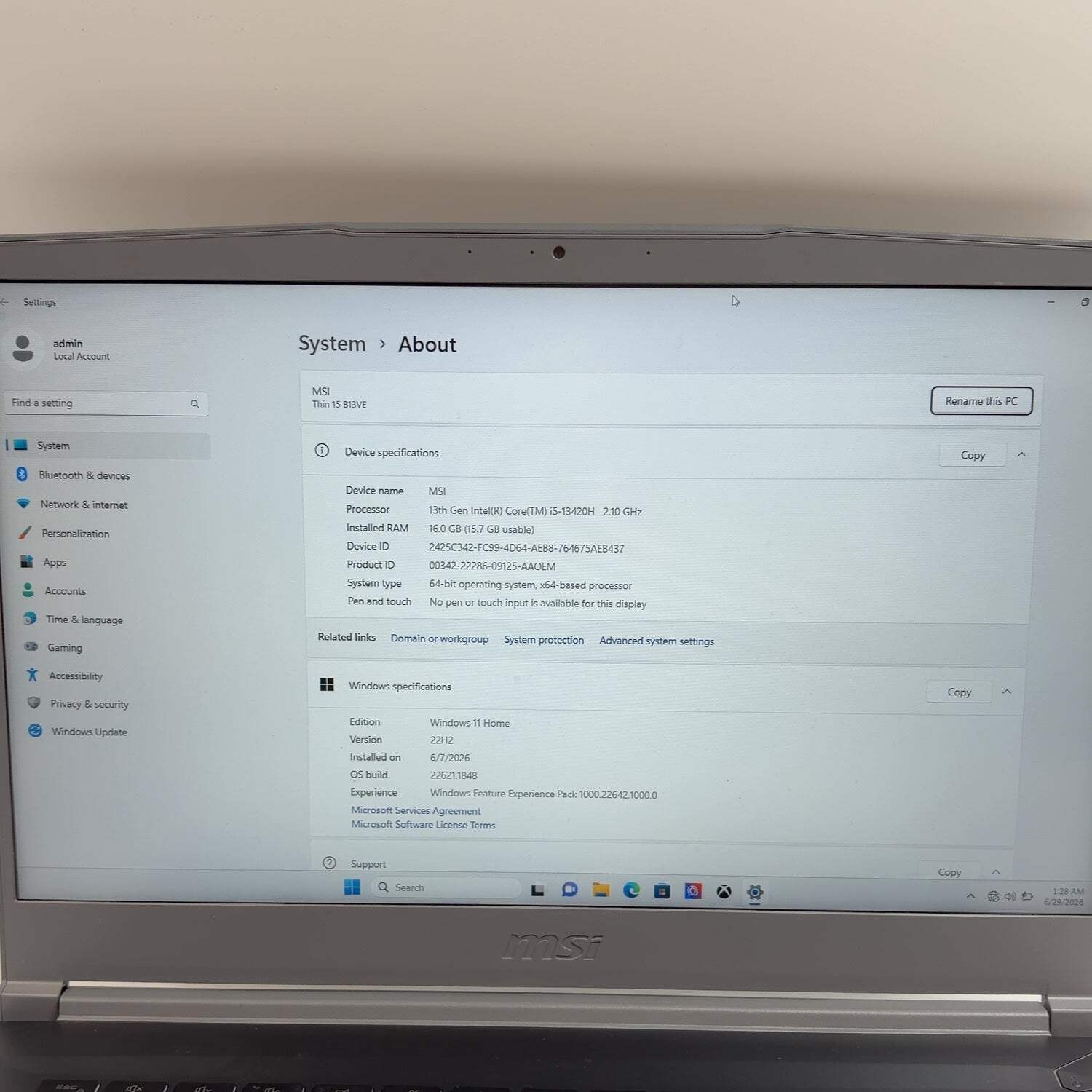 MSI Thin 15 B13VE 15.6″ i5-13420H 2.1GHz 16GB RAM GeForce RTX 4050 READ