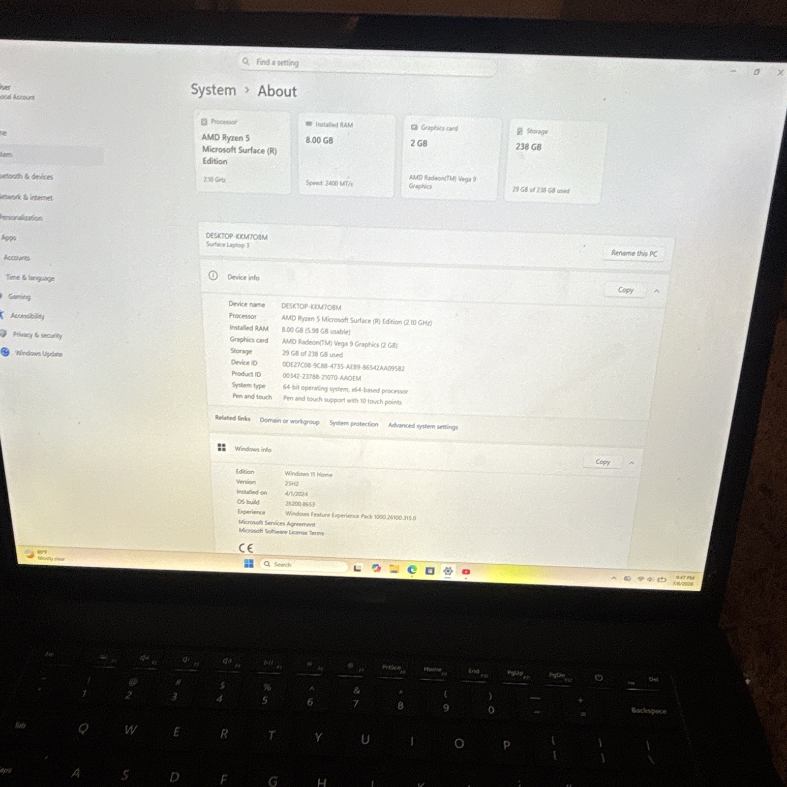 Microsoft Surface Pro Surface 3 15in Wi-Fi Ryzen 5 8GB 238GB SSD Black