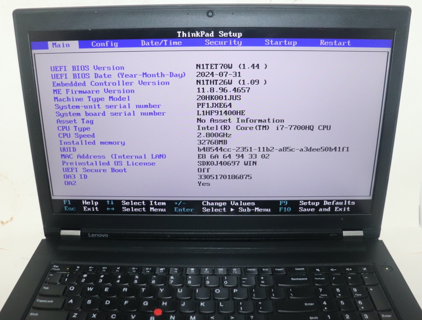 Lenovo ThinkPad P71|Intel core i7@2.80 GHz|32GB RAM |256GB SSD|WIN10.Prof|NVIDIA