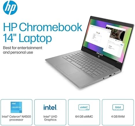 HP Chromebook 14a-ne1013dx 14” HD Laptop Intel Celeron N4500 4GB RAM 64GB eMMC