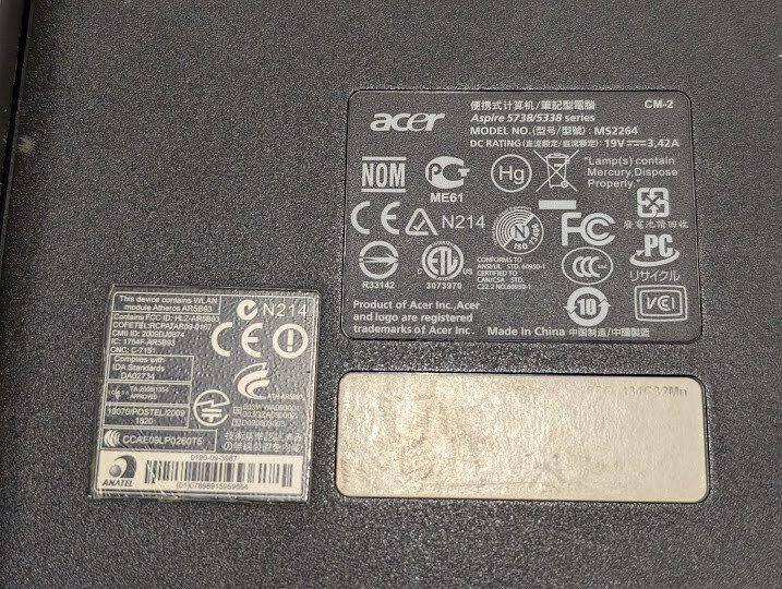 Acer Aspire 5738z – Not Tested, No RAM/HDD, Signs of Use