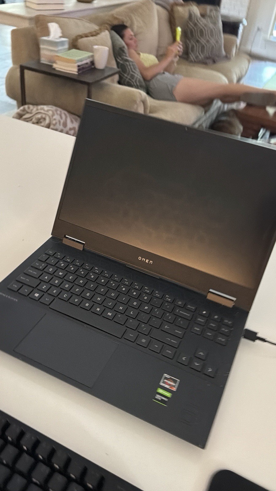 Omen 15 laptop with Razer Mouse, Razer Mousepad, Razer Keyboard, and charger.