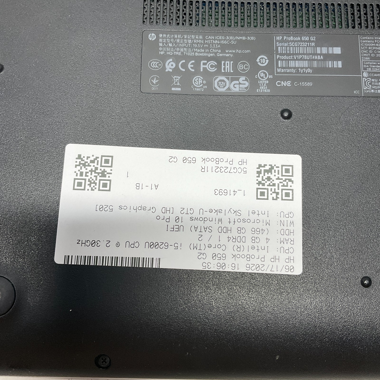 HP ProBook 650 G2 Core i5-6200U 2.30GHz 4GB 500GB HDD Windows 10 Pro Laptop
