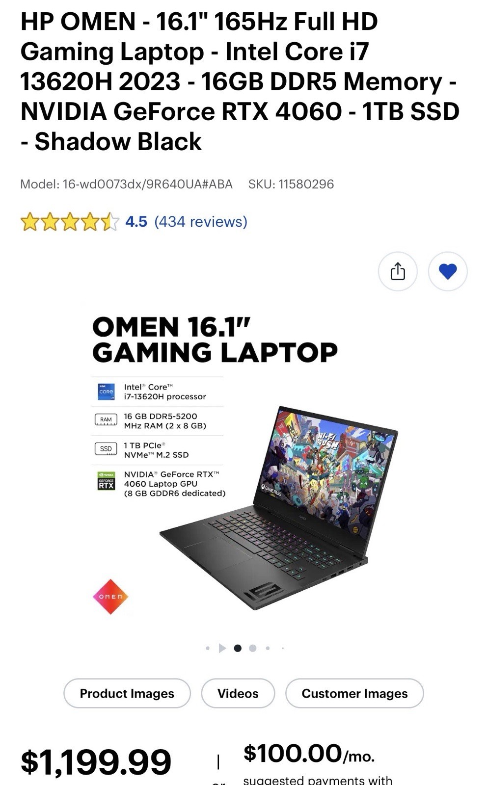 HP OMEN – 16.1″ 165Hz Full HD Gaming Laptop – Intel Core i7 13620H 2023 – 16GB