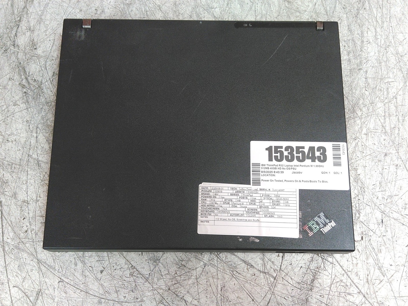 IBM ThinkPad R52 Laptop Intel Pentium M 1.86GHz 512MB 40GB HD No PSU