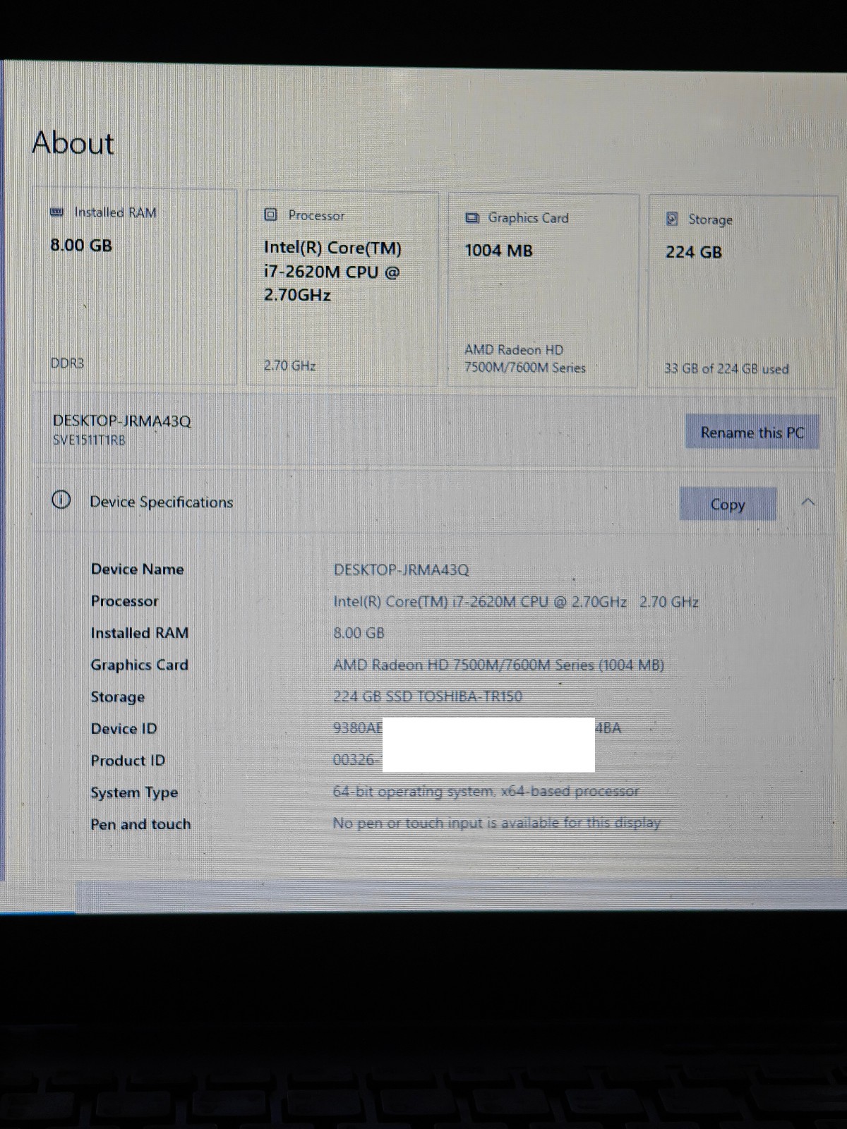 Sony VAIO SVE151C11V 15.6 Laptop i7-2620M 8GB RAM 240GB SSD Win10