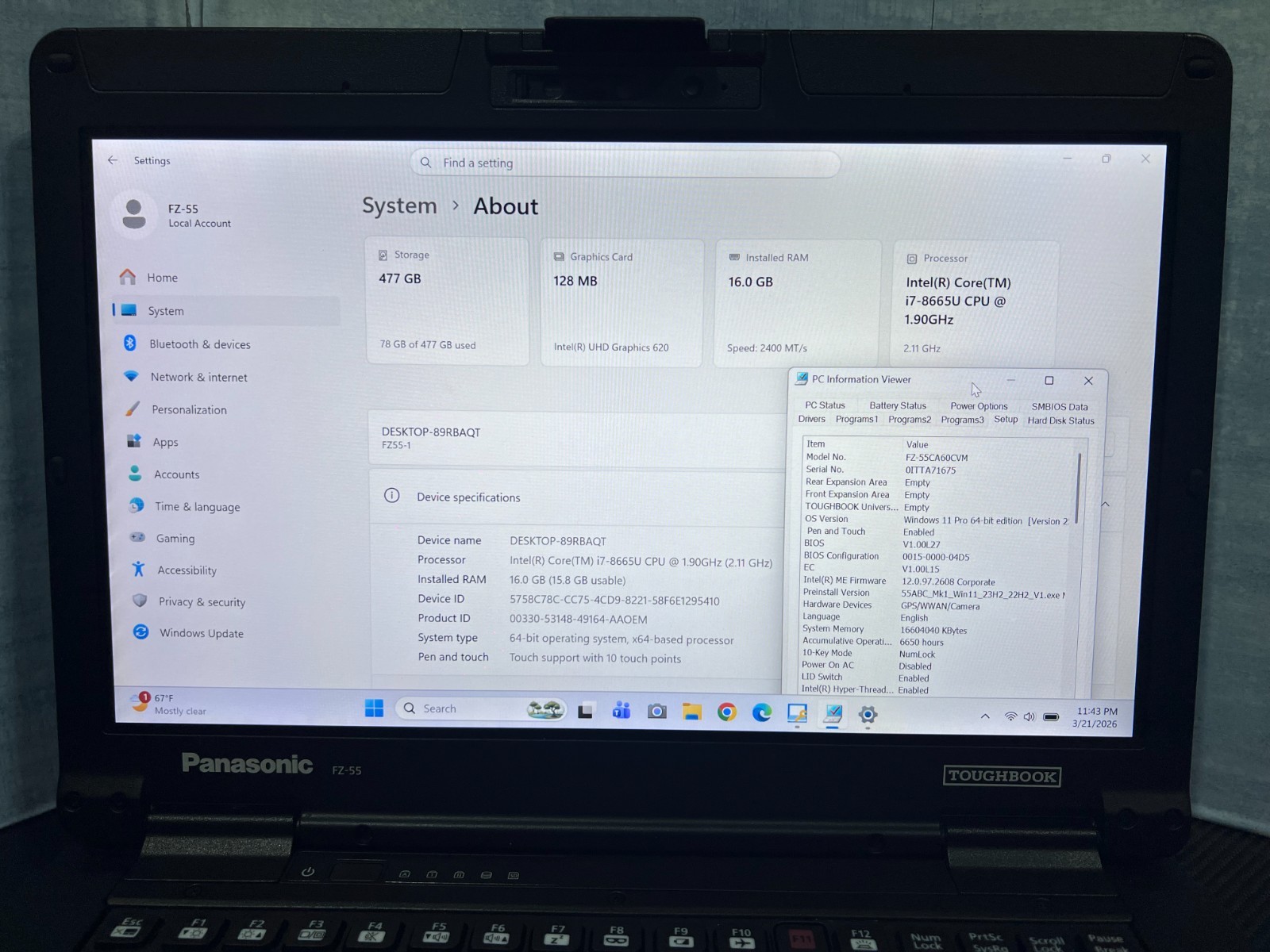 FZ-55CA60CVM, Intel core i7-8665U,512GB SSD,16GB Mem,HDMI, 4G LTE, GPS, 2 Batter
