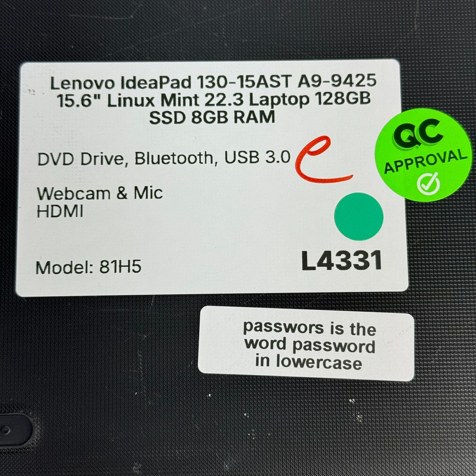 Lenovo IdeaPad 130-15AST AMD A9 Linux Mint 22.3 15.6″ Laptop 128GB SSD 8GB RAM