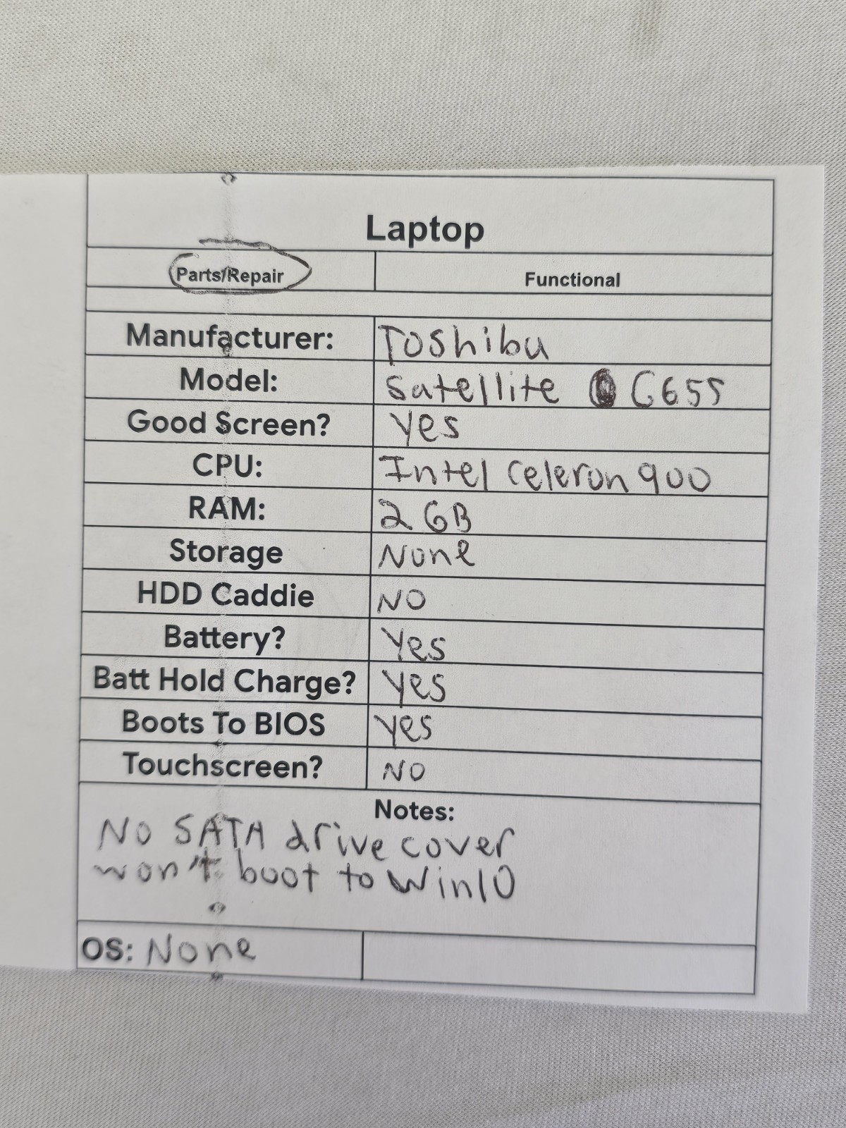 Toshiba Satellite C655 Laptop – Intel Celeron 900 – 2GB RAM – NO HDD/OS – READ