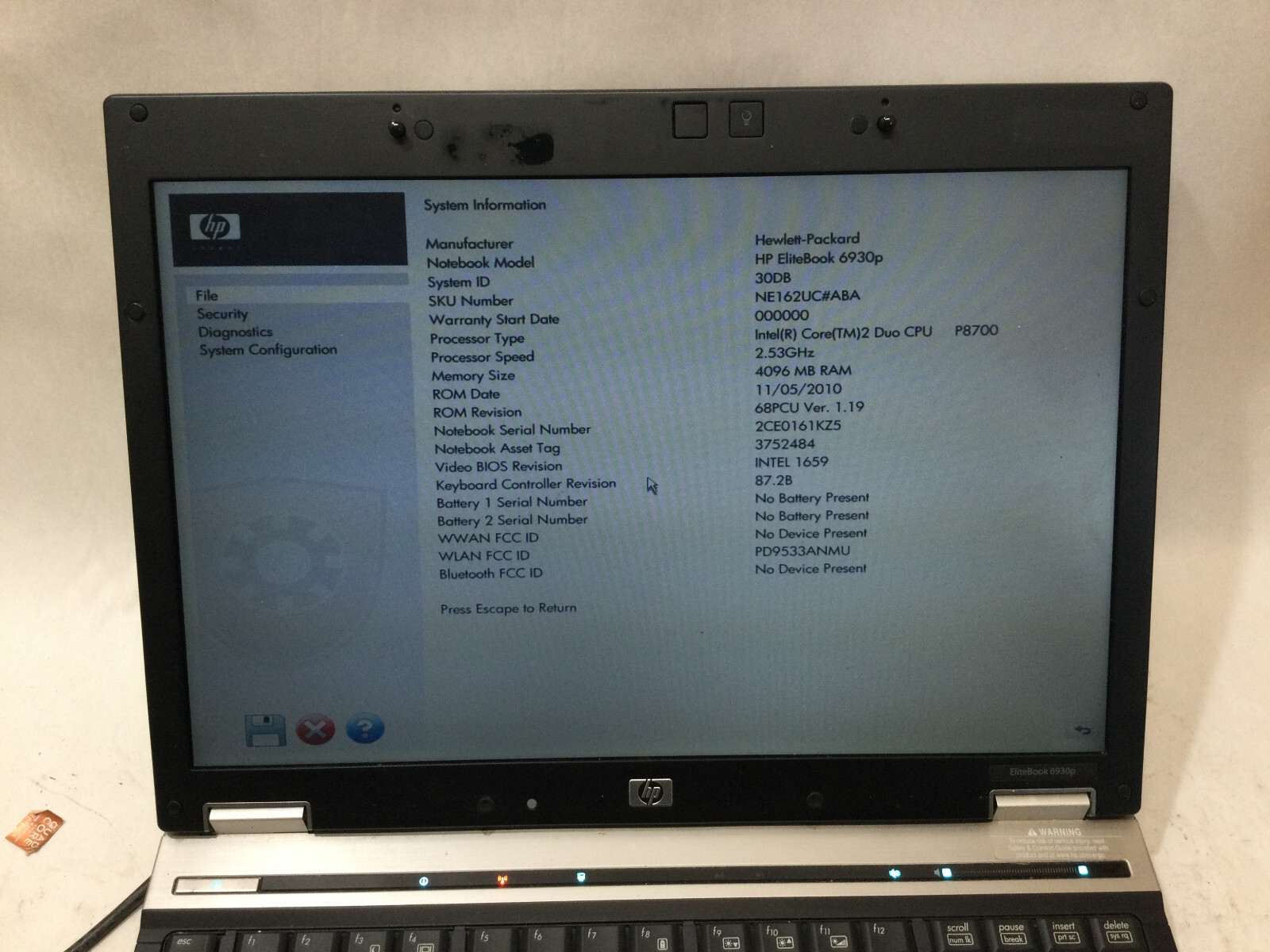 HP ELITEBOOK 6930P – BOOTS TO BIOS – INTEL CORE 2 DUO – 4GB RAM -READ DESCRIP-BB
