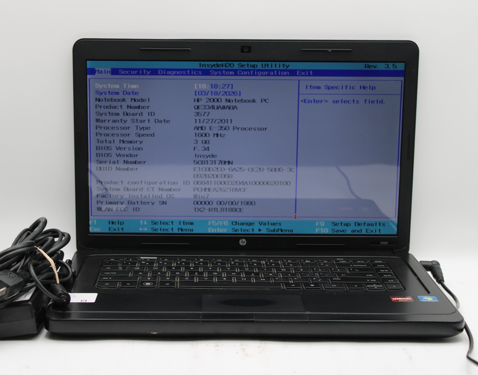 HP 2000-329WM _ AMD E-350 @ 1.6 GHz _ 3GB RAM _ No SSD / OS