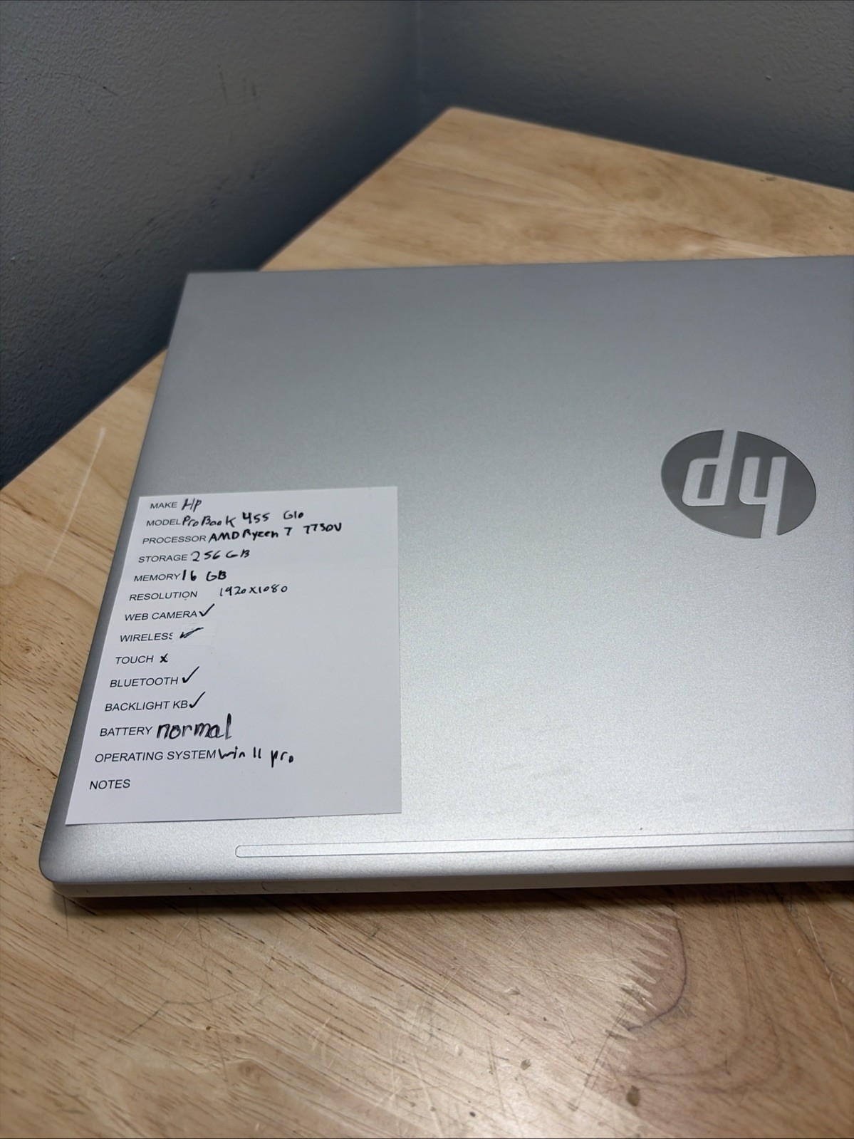 HP ProBook 455 G10 AMD RYZEN 7 7730U 2.0GHZ 16GB 256GB SSD WCAM WIFI W11 CORD