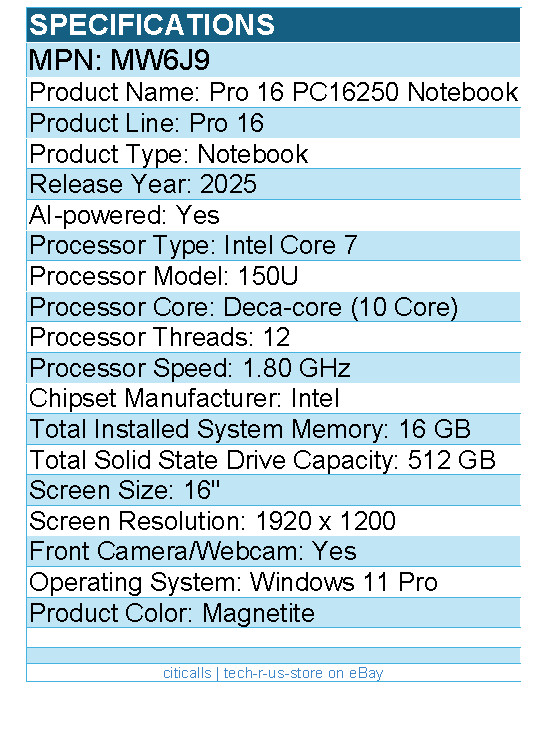 Dell MW6J9 Pro 16 PC16250 16″ Notebook – Full HD Plus – Intel Core 7 – Magnetite