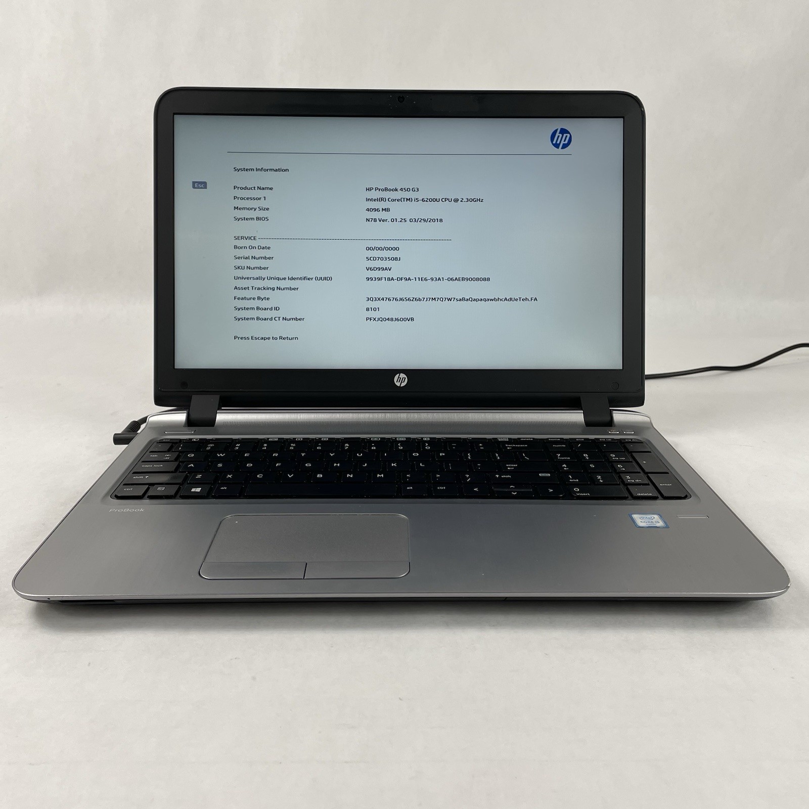 HP ProBook 450 G3 15.6″ i5-6200U 2.30 GHz 4 GB RAM No SSD No OS No Batt READ