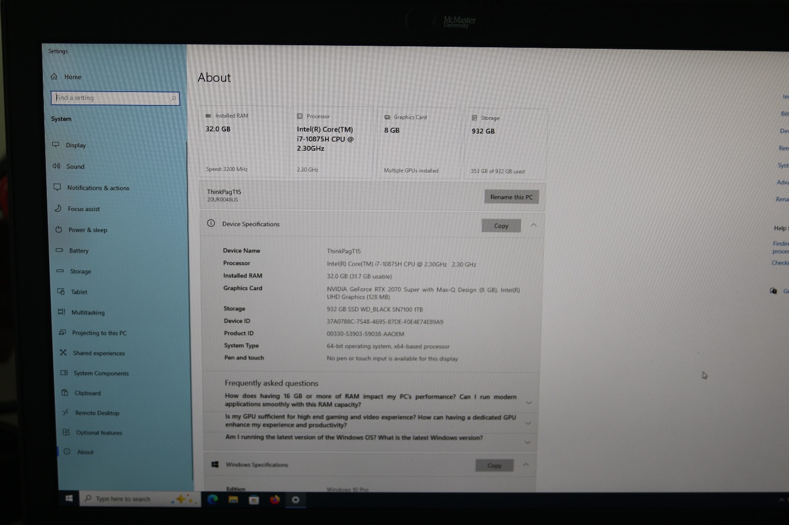 Lenovo ThinkPad T15g Gen 1 i7-10875H / NVIDIA RTX 2070 Max-Q8GB / 32GB / 1TB