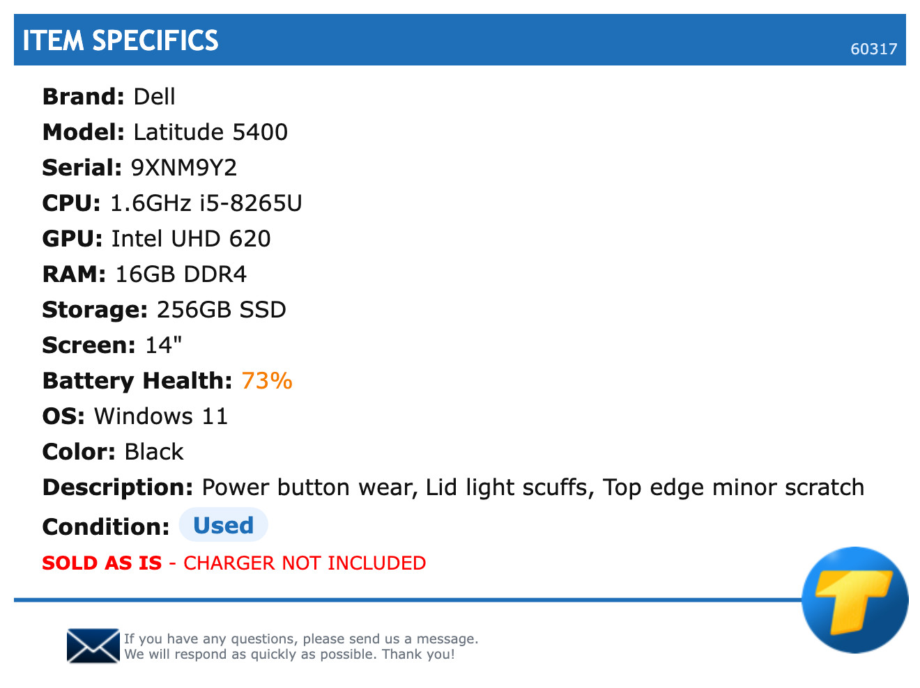 Dell Latitude 5400 – 14″, 1.6GHz i5, 16GB RAM, 256GB SSD, Windows 11