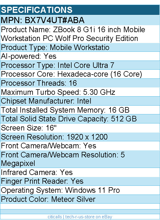 HP BX7V4UT#ABA ZBook 8 G1i 16″ Mobile Workstation – Intel Core Ultra 7 265H