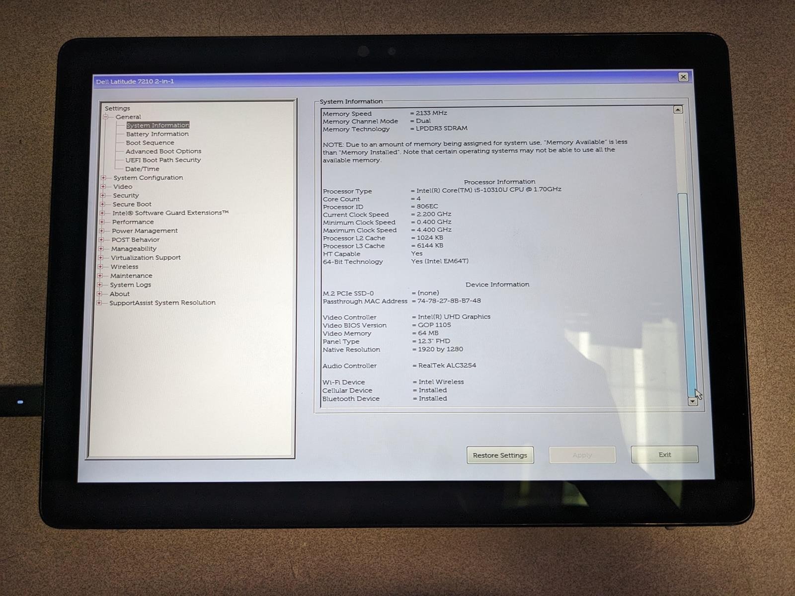 DELL LATITUDE 7210 2-IN-1 i5-10310U @ 1.70GHz, 8GB RAM, NO HDD/OS