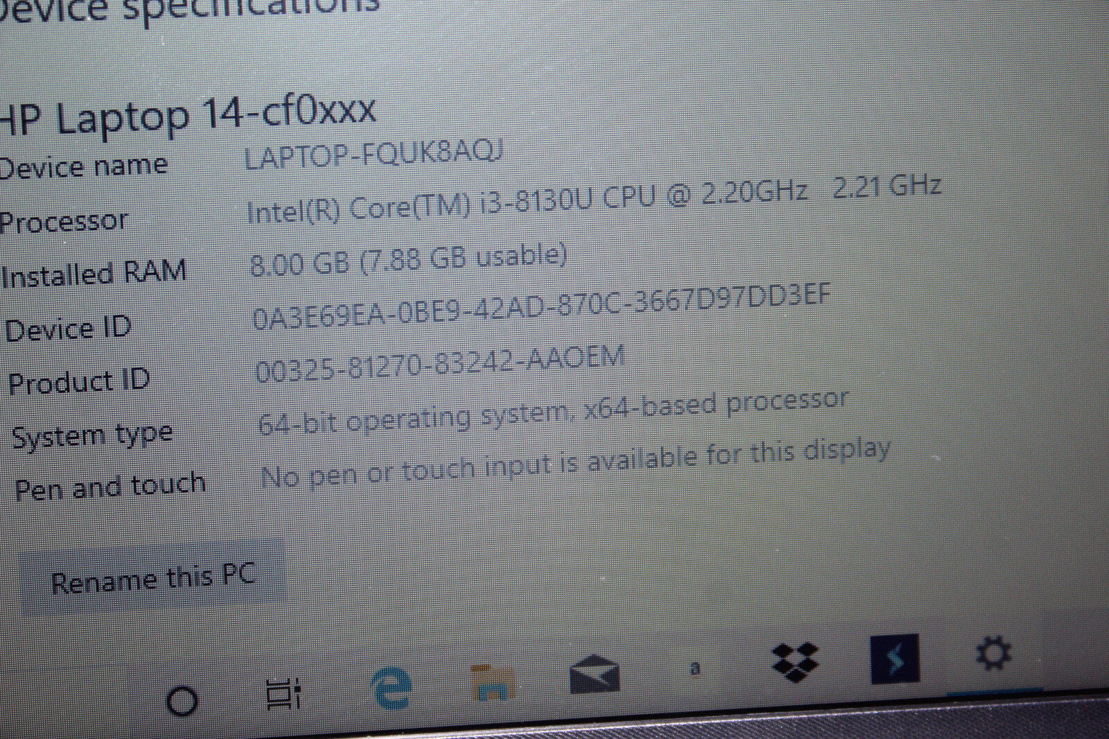 HP 14-CF0013DX Laptop – 14” Intel Core i3-8130U, 1TB HDD, 8GB RAM, Windows 10 Ho