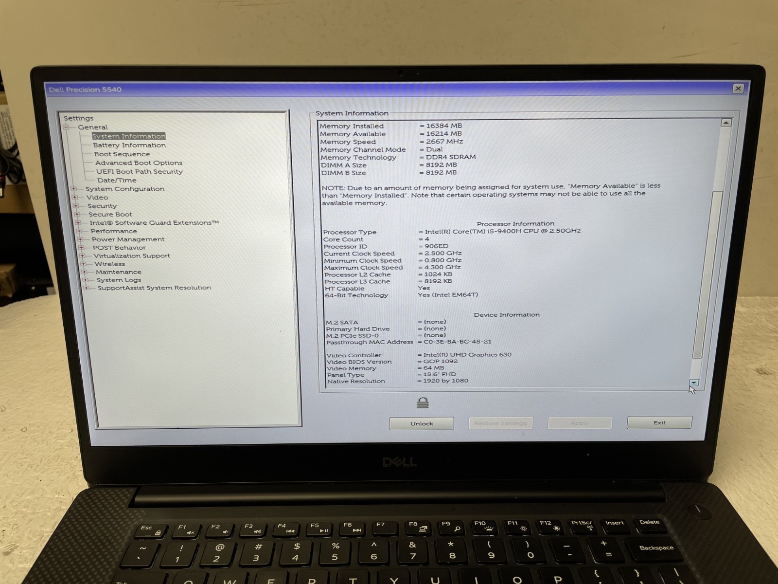 Dell Precision 5540 Intel i5-9400H @2.50GHz 16GB RAM NO SSD Admin Lock Parts