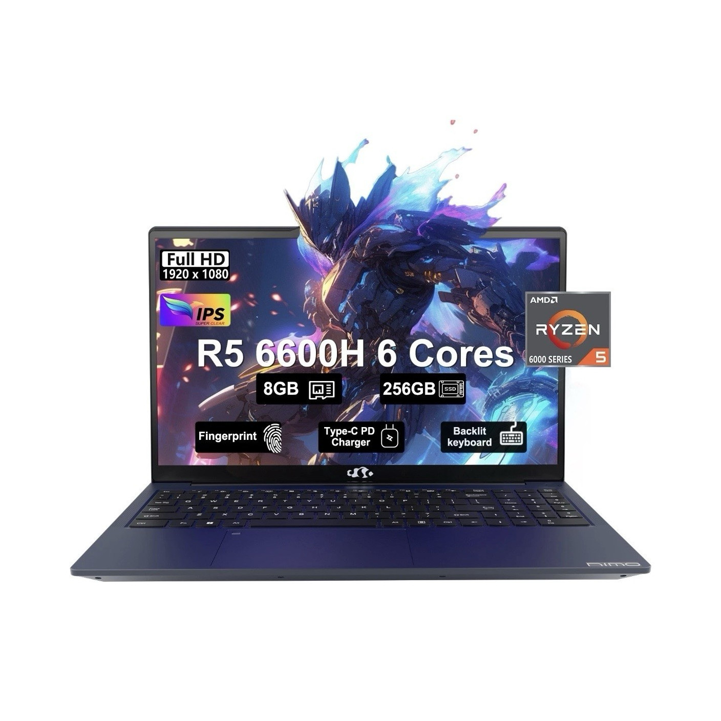 Nimo 15.6″ FHD IPS Laptop Ryzen 5 6600H 8GB 256GB Backlit FP W11 Blue