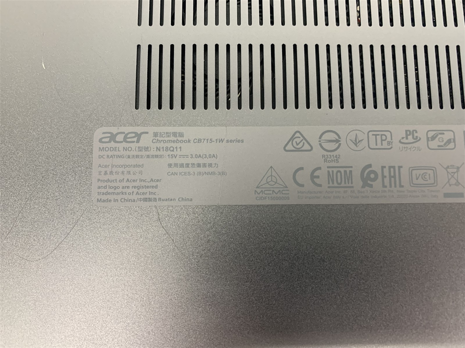 Acer Chromebook 715 Intel Core i3-8130U 4GB 2.20GHz 128GB eMMC Chrome OS 15.6″
