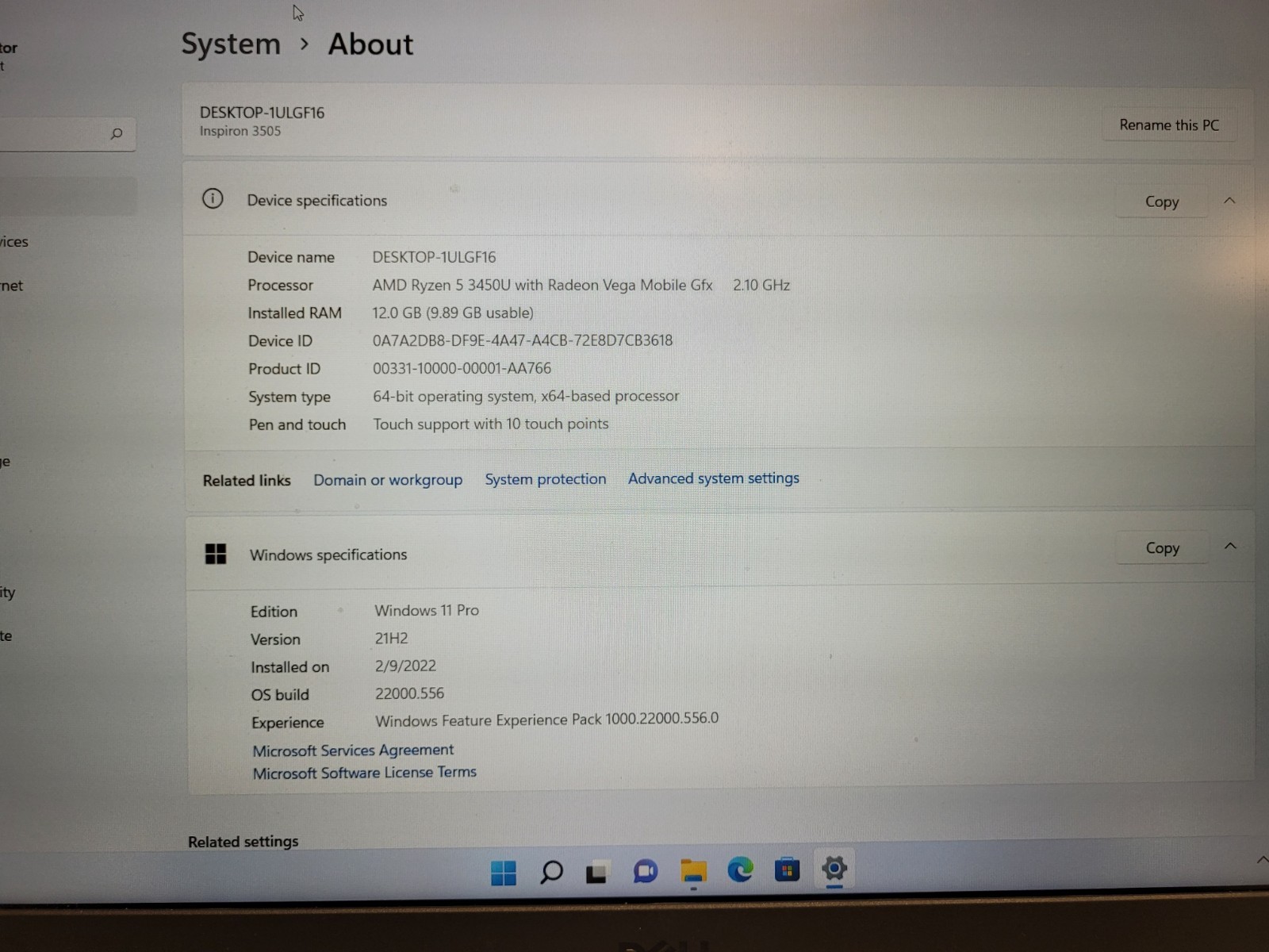 Dell inspiron 3505 15.6″rayzen5 3450u 2100mhz 12gb ram 256gb ssd charger 9BZH393