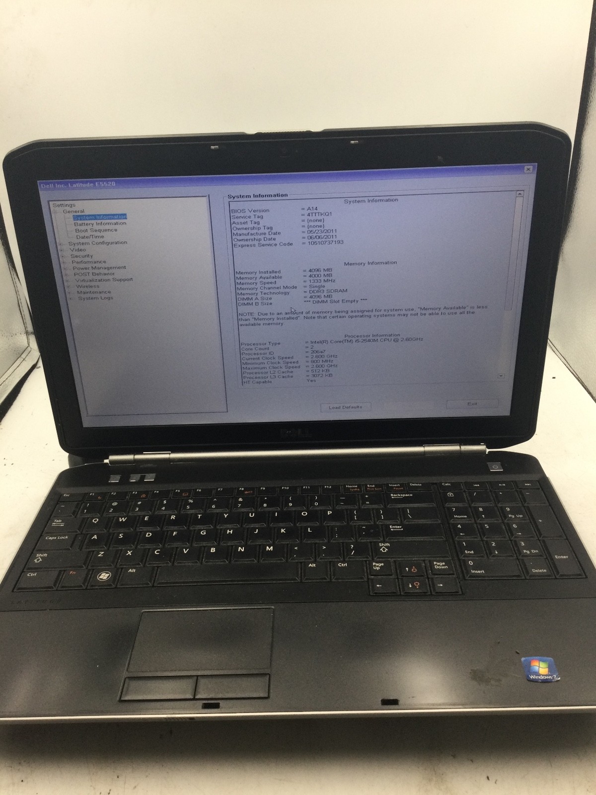 DELL LATITUDE E5520 – BOOTS TO BIOS – INTEL I5 2540 – NO RAM – 15″ – READ – BB!