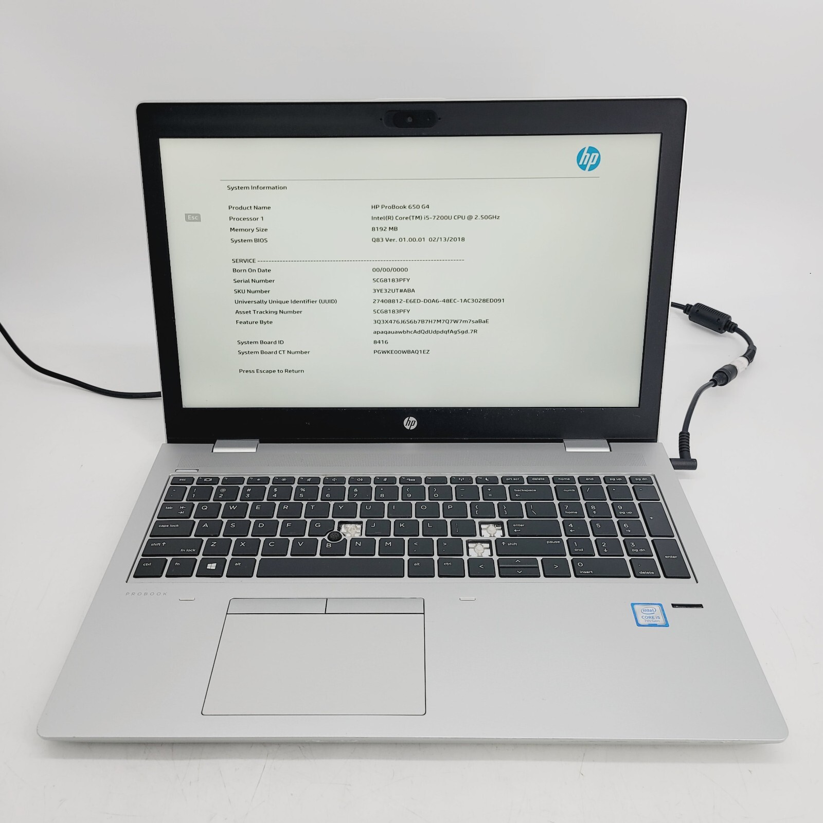 HP Probook 650 G4 Core i5-7200U 2.5GHz 8GB RAM No HDD 15.6″ ***Boot to Bios