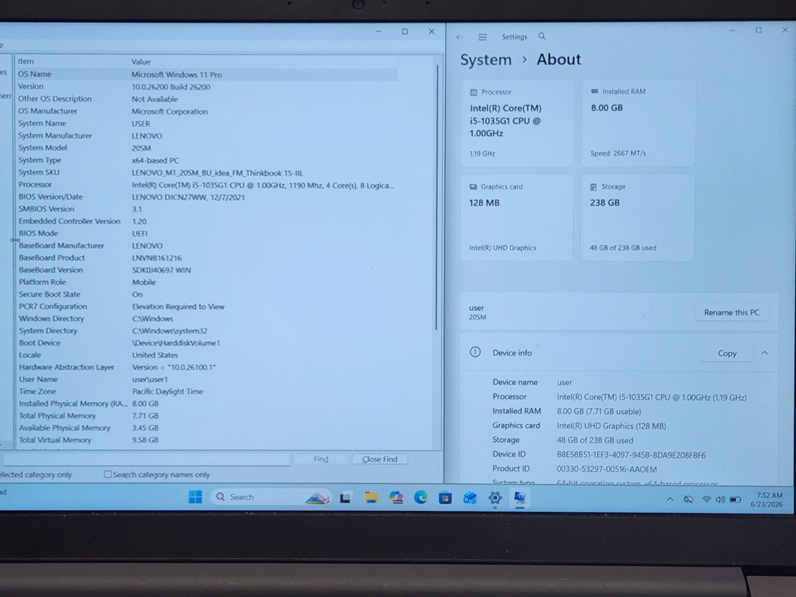 Lenovo ThinkBook 15-IIL Intel I5-1035G1 1.0Ghz 8GB RAM 256GB SSD W11P + Adapter